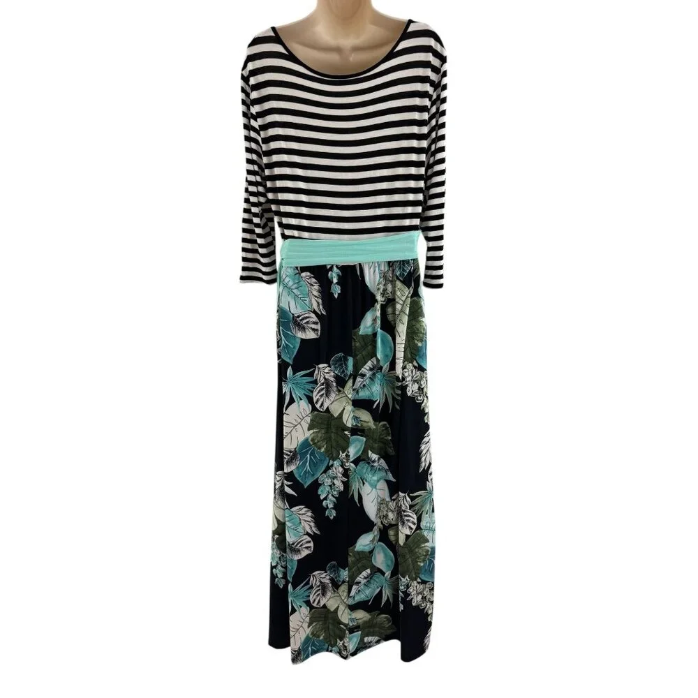 Striped Top Palm Print Maxi Dress w/Attached Sash Tie Size 3XL Tropical Plus Sz - Picture 4 of 6